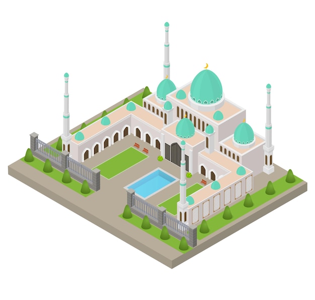 Conceito de edifício de mesquita 3d vector de visão isométrica
