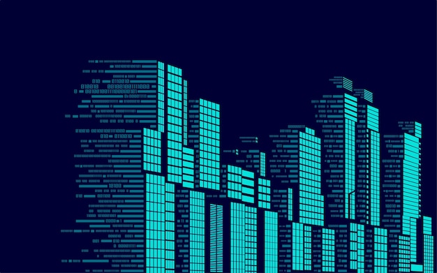 conceito de edifício inteligente ou cidade digital, gráfico de edifícios combinado com código binário
