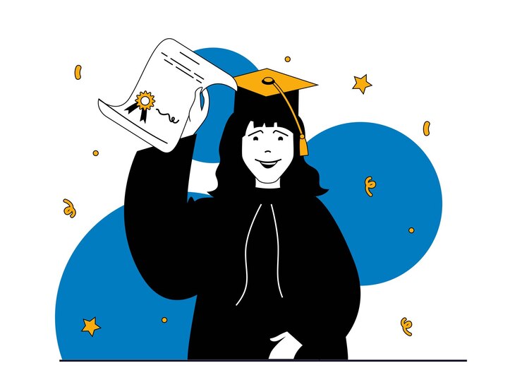 Conceito de educação com situação de personagem Estudante feliz em vestido de formatura e boné recebendo certificado de diploma na cerimônia festiva Ilustrações vetoriais com cena de pessoas em design plano para web