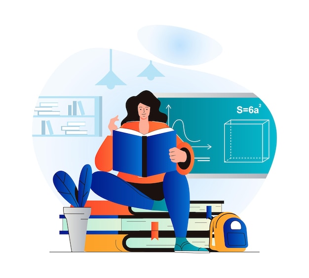 Conceito de educação em design plano moderno Mulher está lendo livro Estudos da pupila em livro didático