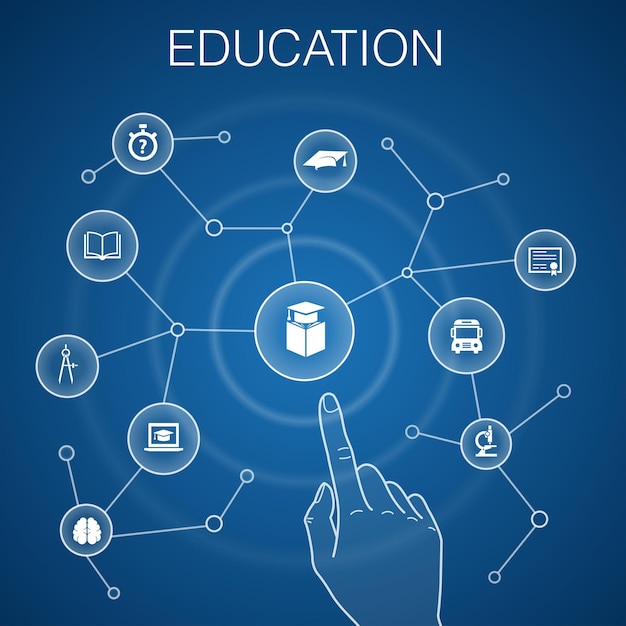 Vetor conceito de educação fundo azul teste de microscópio de graduação ícones de ônibus escolar