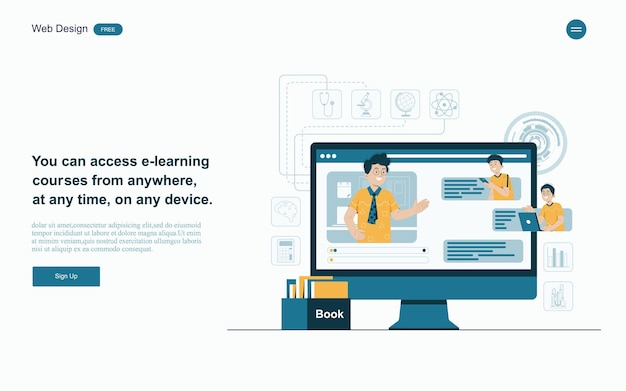 Conceito de educação on-line Aprendizagem on-line com plataforma e ilustração vetorial de recursos