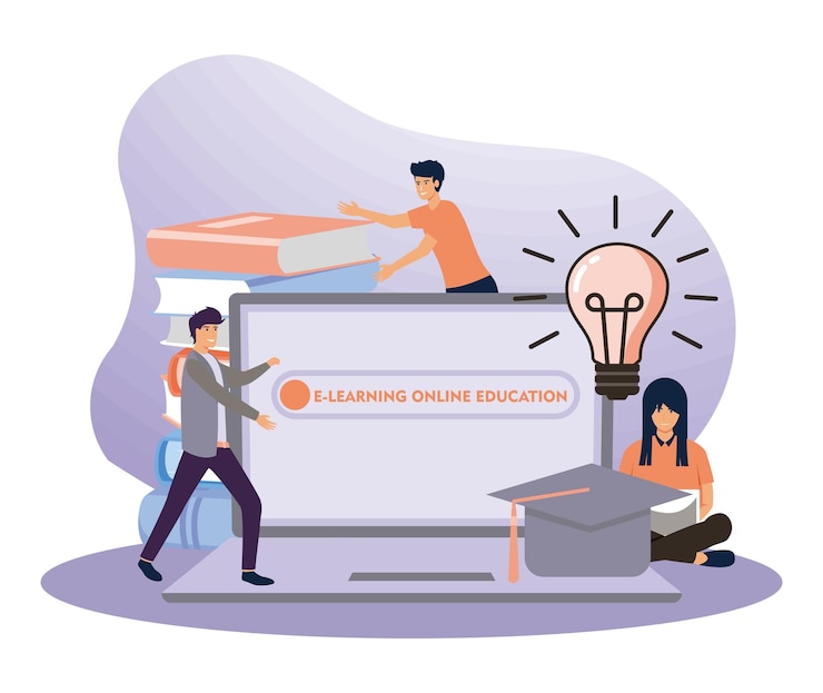Vetor conceito de elearning com estudantes envolvidos em educação on-line em um laptop
