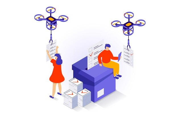 Conceito de eleição e votação em design isométrico 3D Pessoas realizam eleições com políticos e apoiadores de partidos voando drones com cédulas Ilustração vetorial com cena de isometria para gráfico da web