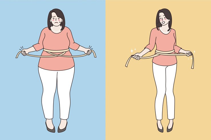 Vetor conceito de emagrecimento e perda de peso. jovem mulher gorda e triste e feliz garota magra em pé usando a quantidade de régua de cintura para medir ilustração vetorial de corpo