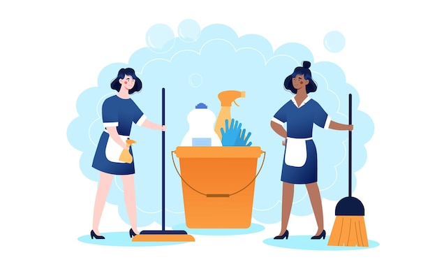 Conceito de empresa de limpeza utilizando produtos químicos sanitários para lavandaria, chão, toalete, cozinha