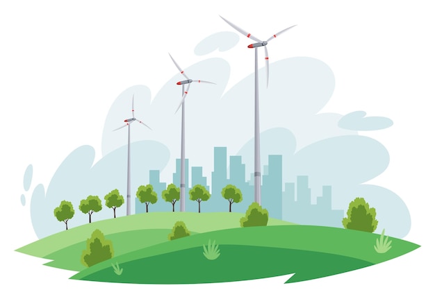 Conceito de energia elétrica limpa recurso de eletricidade renovável a partir de turbinas eólicas mudança ecológica de