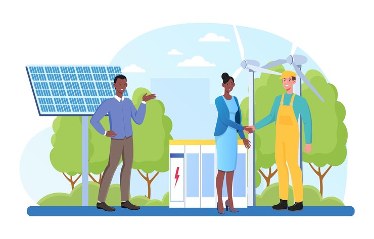 Vetor conceito de energia limpa homem e mulher instalam painéis solares e ventiladores para obter energia da natureza