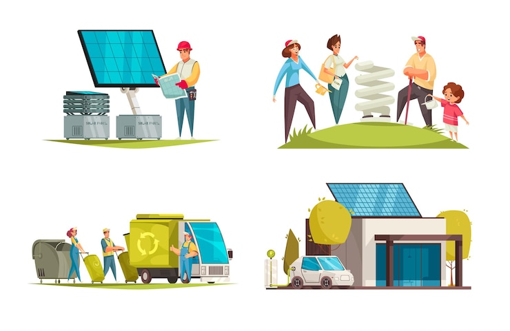 Vetor conceito de energia sustentável verde 4 composições planas com painéis solares, lâmpadas sobressalentes usando ilustração de materiais reciclados