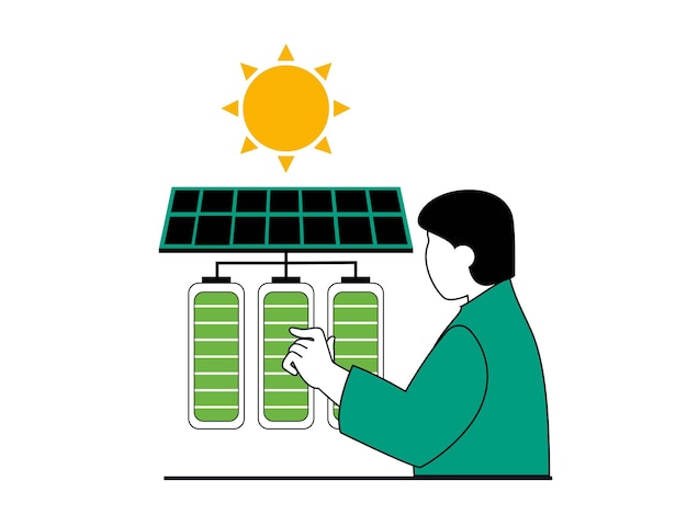 Conceito de energia verde com situação de caráter homem ecológico usa painéis solares para carregar baterias e fontes alternativas de energia ilustração vetorial com cena de pessoas em design plano para web