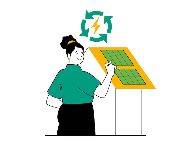 Conceito de energia verde com situação de personagem mulher usando painéis solares para gerar eletricidade fonte renovável e conservação da natureza ilustração vetorial com cena de pessoas em design plano para web