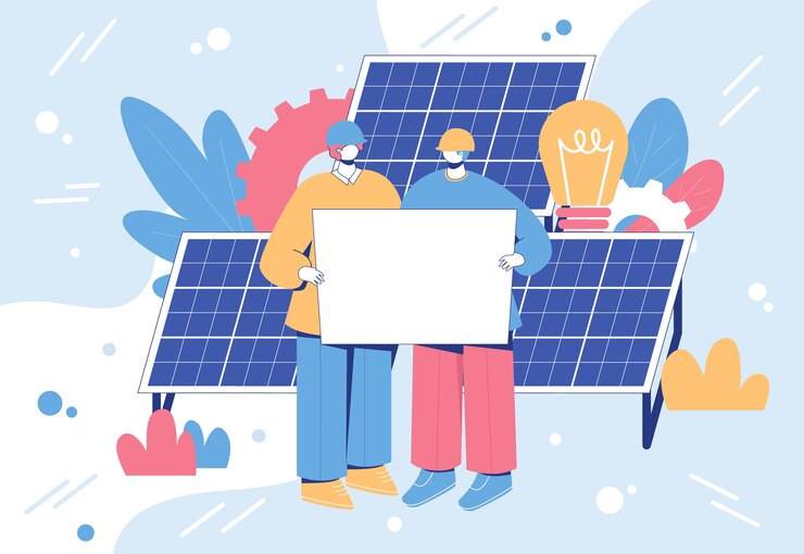 Conceito de engenharia de energia alternativa. Trabalhadores com painéis solares.