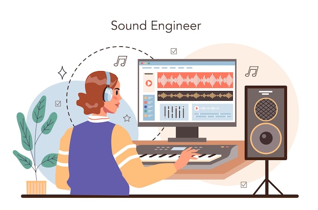 Vetor conceito de engenheiro de som gravação de som da indústria de produção musical com um equipamento de estúdio criador de uma trilha sonora ilustração vetorial em estilo cartoon