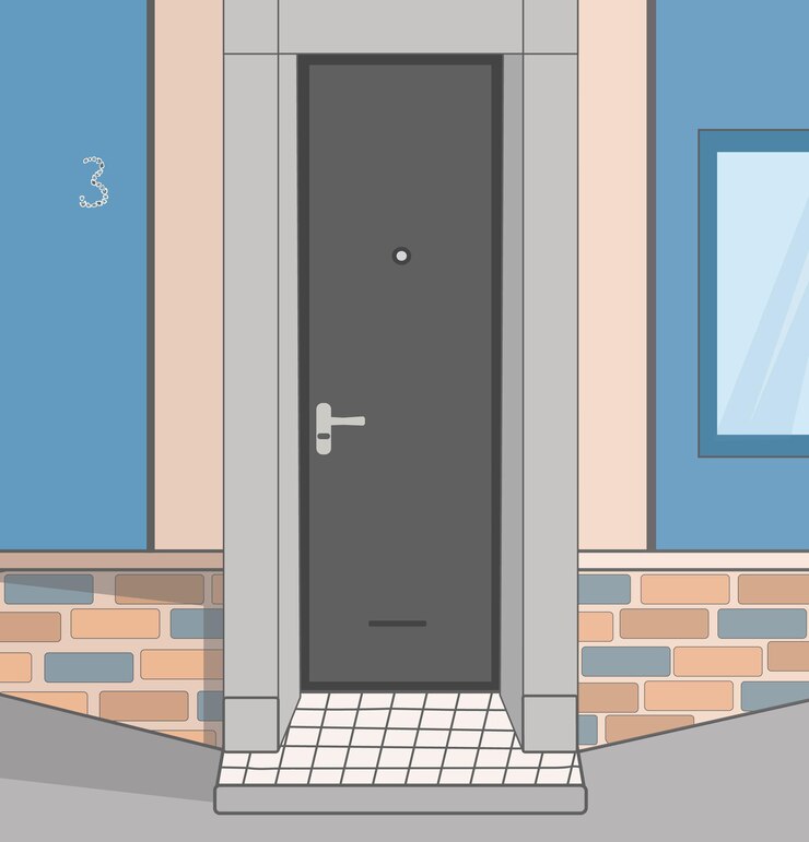 Vetor conceito de entrada da casa porta da frente preta da casa com paredes azuis ilustração vetorial de desenho animado