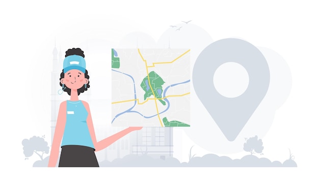 Conceito de entrega A garota está segurando um mapa O personagem estiloso é retratado na cintura Ilustração vetorial