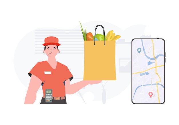 Conceito de entrega em domicílio Um homem entrega um pacote de produtos Vetor de estilo plano moderno