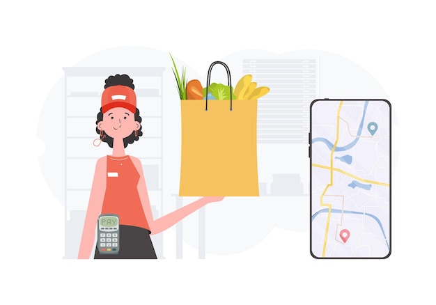 Conceito de entrega em domicílio Uma mulher está segurando uma sacola de compras estilo desenho animado vetor