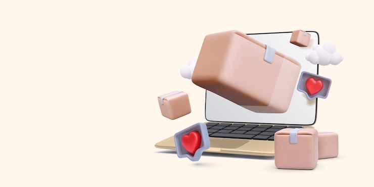 Vetor conceito de entrega on-line com laptop, pacotes, nuvens e ícones de redes sociais realistas em estilo realista