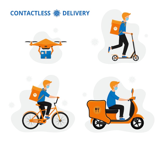 Conceito de entrega online: transportadores de scooter, bicicleta e drone