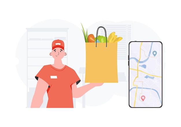 Conceito de entrega Um homem entrega um pacote de produtos estilo moderno Vetor