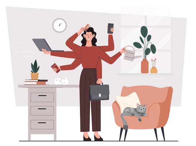 Conceito de equilíbrio entre a vida profissional e a vida pessoal Mulher faz muitas tarefas domésticas Empreendedor e dona de casa trabalhador Lazer ou negócios Hobby versus carreira Poster ou banner Ilustração de vetor plano de desenho animado