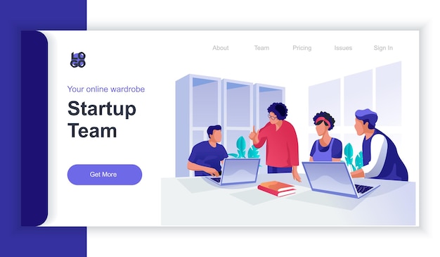 Conceito de equipe de inicialização d banner web isométrico com funcionários da cena de pessoas colaboram