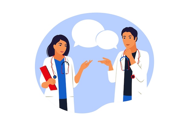 Conceito de equipe de medicina com alguns médicos no hospital. Jovem médico jovem praticante e mulher em pé. Consulta e diagnóstico. Ilustração vetorial Plano