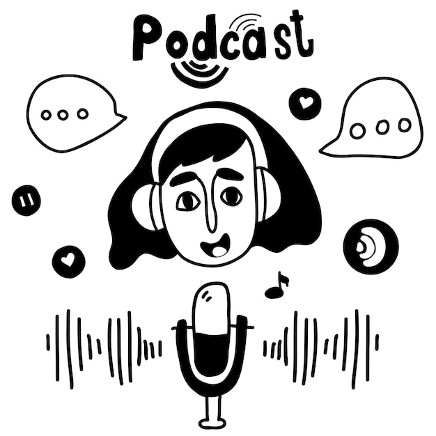 Vetor conceito de esboço de podcast garota em fones de ouvido e crachás podcaster fala no microfone vetor grátis