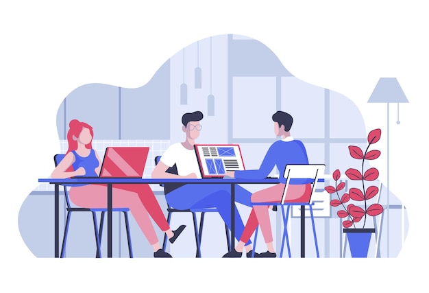 Conceito de escritório de coworking com pessoas de desenho animado em design plano para web Equipe de colegas de trabalho e freelancers trabalhando em laptop em espaço aberto Ilustração vetorial para material de marketing de banner de mídia social