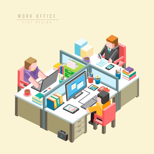 Conceito de escritório de trabalho 3D isométrico infográfico com empresários
