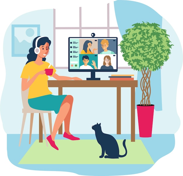 Vetor conceito de escritório em casa comunicação on-line mulher trabalhando em casa, estudante ou freelancer.