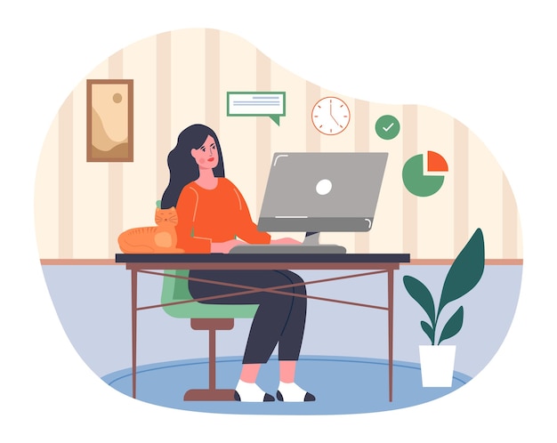 Conceito de escritório em casa mulher senta-se no computador em seu local de trabalho e pensa sobre as tarefas do dia