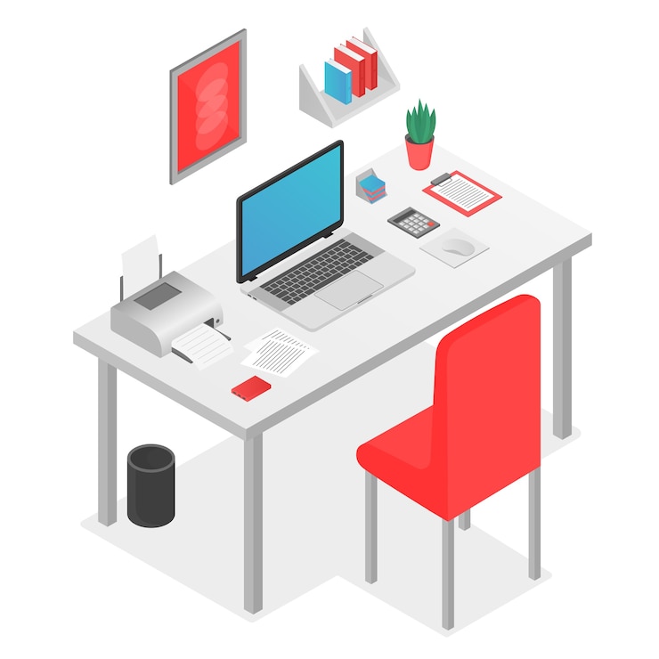 Vetor conceito de espaço de trabalho isométrico 3d plano com o laptop em cima da mesa.