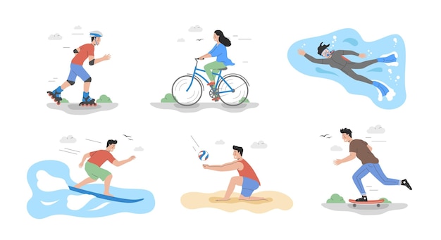 Conceito de esportes ativo personagens andar de patins andar de bicicleta indo mergulho surfe jogando vôlei e skate lazer ativo e estilo de vida saudável cartoon ilustração vetorial plana