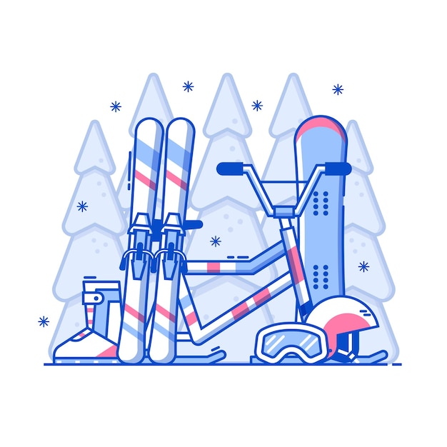 Vetor conceito de esportes de inverno em linha artística. equipamentos e equipamentos para atividades de neve, como esqui, snowboard, capacete e snowmobile. ilustração de férias de inverno snowboard e esqui para web e aplicações.