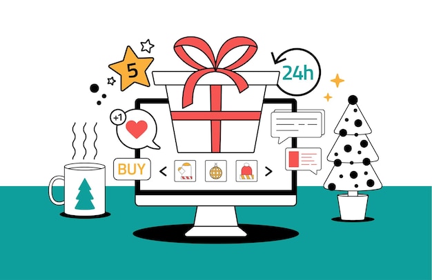 Conceito de estilo de contorno on-line de compras de presentes de Natal Compras on-line de Natal Ilustração vetorial de desenho animado de linha com tela de computador com caixa de presente