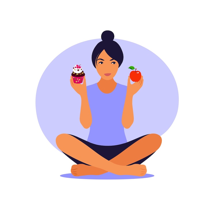 Vetor conceito de estilo de vida e nutrição. mulher escolhendo entre uma refeição saudável e alimentos não saudáveis.