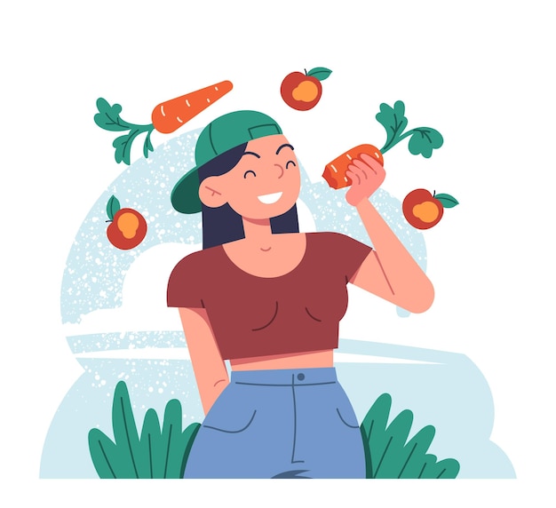 Conceito de estilo de vida sustentável Mulher com cenoura Menina com produtos naturais e orgânicos Legumes com vitaminas Ilustração vetorial plana de desenho animado isolada em fundo branco