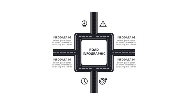 Conceito de estrada para infográfico com 4 etapas opções de peças ou processos visualização de dados de negócios