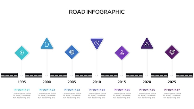 Conceito de estrada para infográfico com 7 etapas opções de peças ou processos visualização de dados de negócios