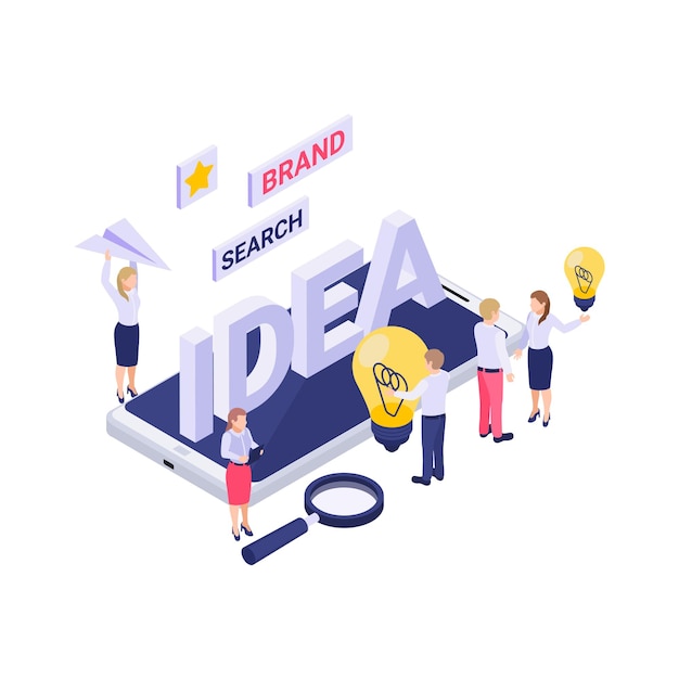 Vetor conceito de estratégia de branding com personagens isométricos brainstorming criando novas ideias ilustração 3d