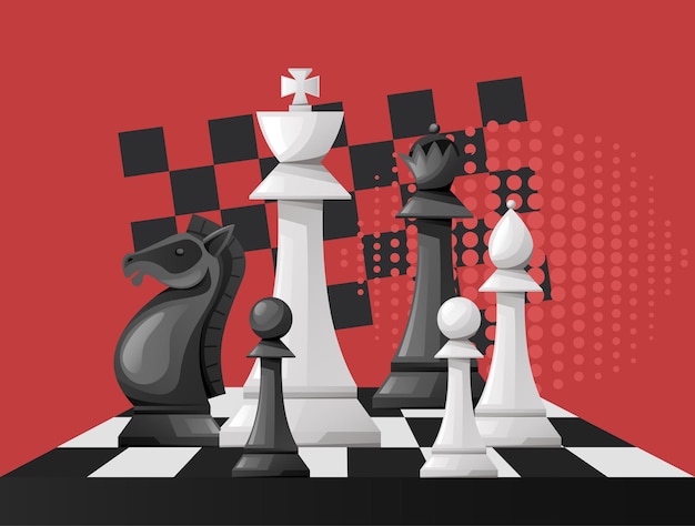 Conceito de estratégia de competição de batalha de peças de xadrez Ilustração de design gráfico plano vetorial