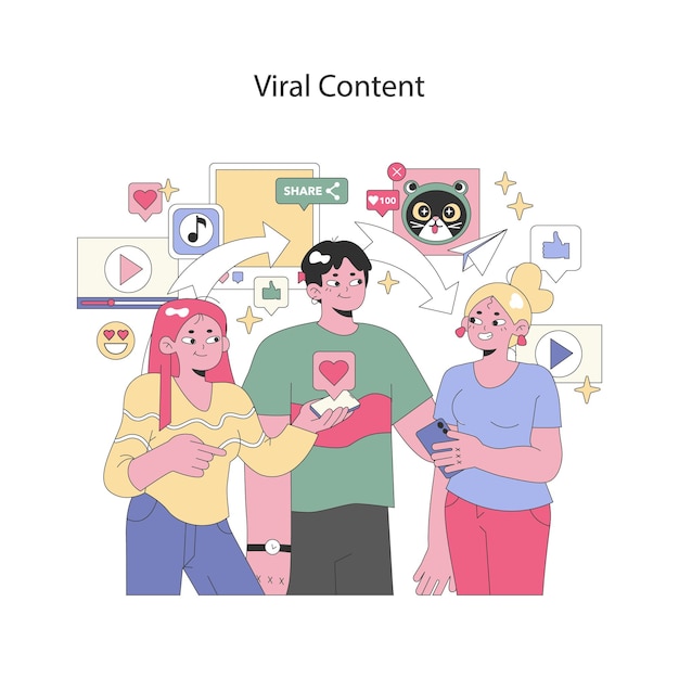 Conceito de estratégia digital três pessoas colaborando na criação de conteúdo para alcançar o status viral no