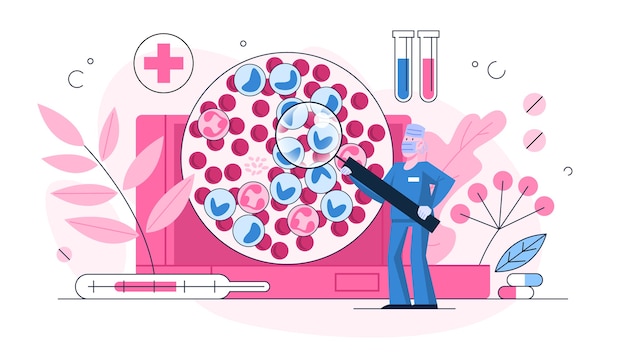 Conceito de exame de leucemia. Especializar em doenças perigosas. Diagnóstico de câncer de sangue, glóbulos vermelhos e brancos. ilustração em grande estilo