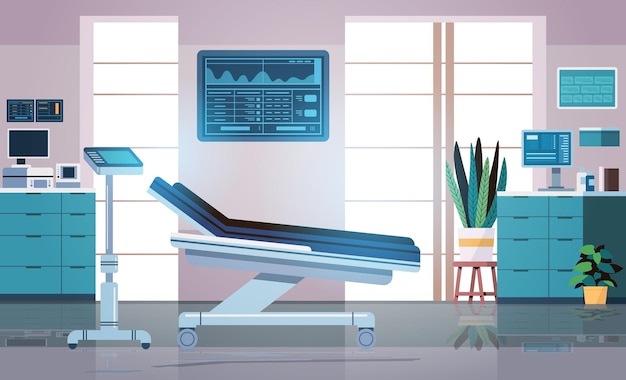 Conceito de exame de mulheres grávidas equipamento de exame de ultrassonografia médica com cama e prateleiras interior do escritório do médico ginecologista