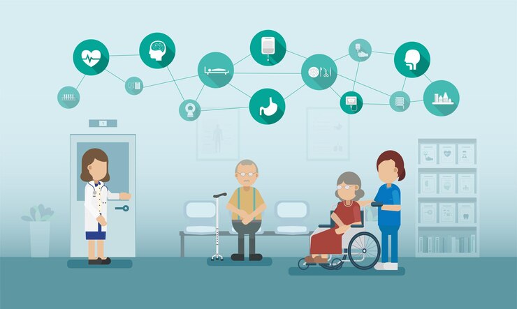 Conceito de exame de saúde com ilustração em vetor design plano médico e ícones