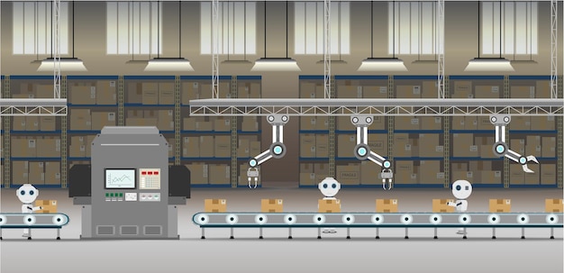 Conceito de fábrica de automação com robô trabalhando ilustração vetorial de design plano