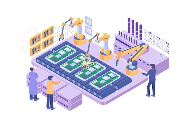 Conceito de fábrica de smartphone isométrico