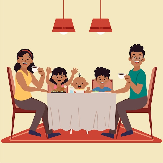 Conceito de família feliz com crianças jantando juntas em casa sobre a criação de filhos, união e cuidado com o bebê