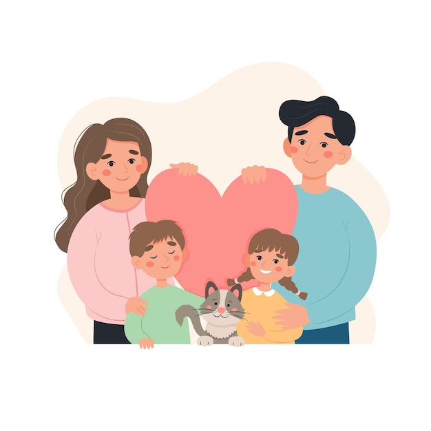 Conceito de família feliz pais com crianças e gato ilustração vetorial fofa em estilo de desenho animado plano